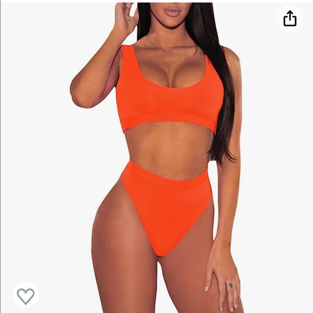Pink Queen Women's Crop Top High Waisted Cheeky Bikini, size L, neon orange
